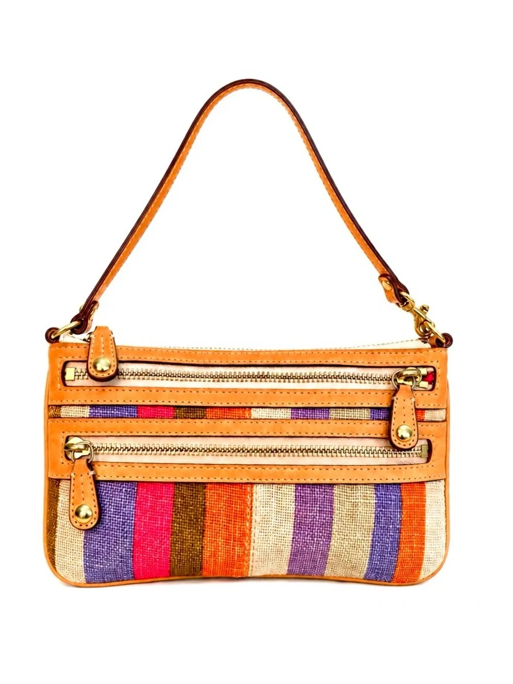 Coach Multicolor Striped Canvas & Leather Wristlet - Orange, Purple, Pink, Brown